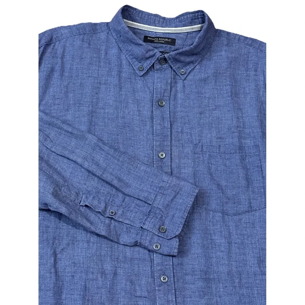 Banana Republic Mens XL Blue 100% Linen Camden Fit Button Down Long Sleeve Shirt